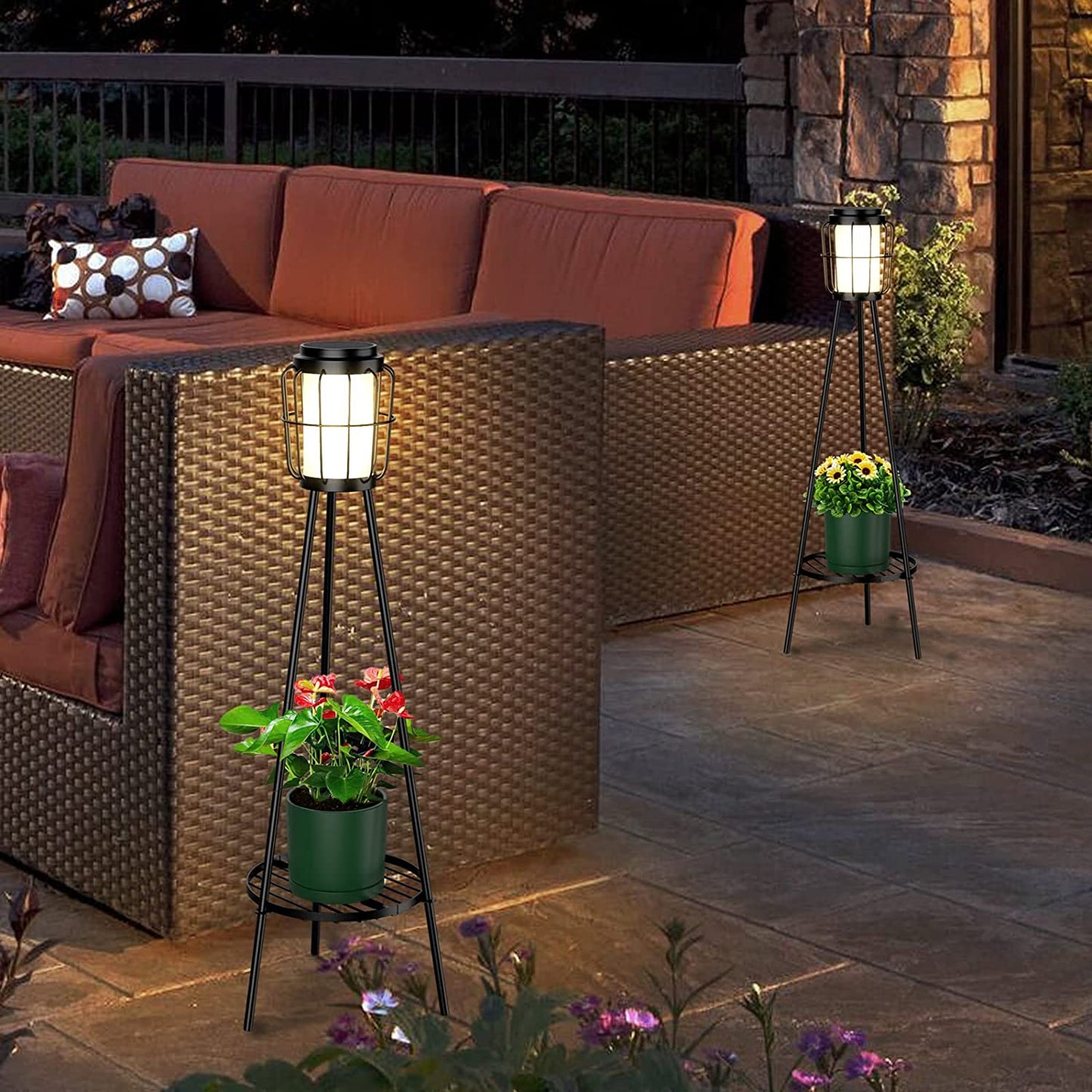 Solar Outdoor Floor Lamp Waterproof (2pcs), Metal Solar Lights Outdoor with Plant Stand, Outdoor Lamp for Deck Patio Yard Garden Decor