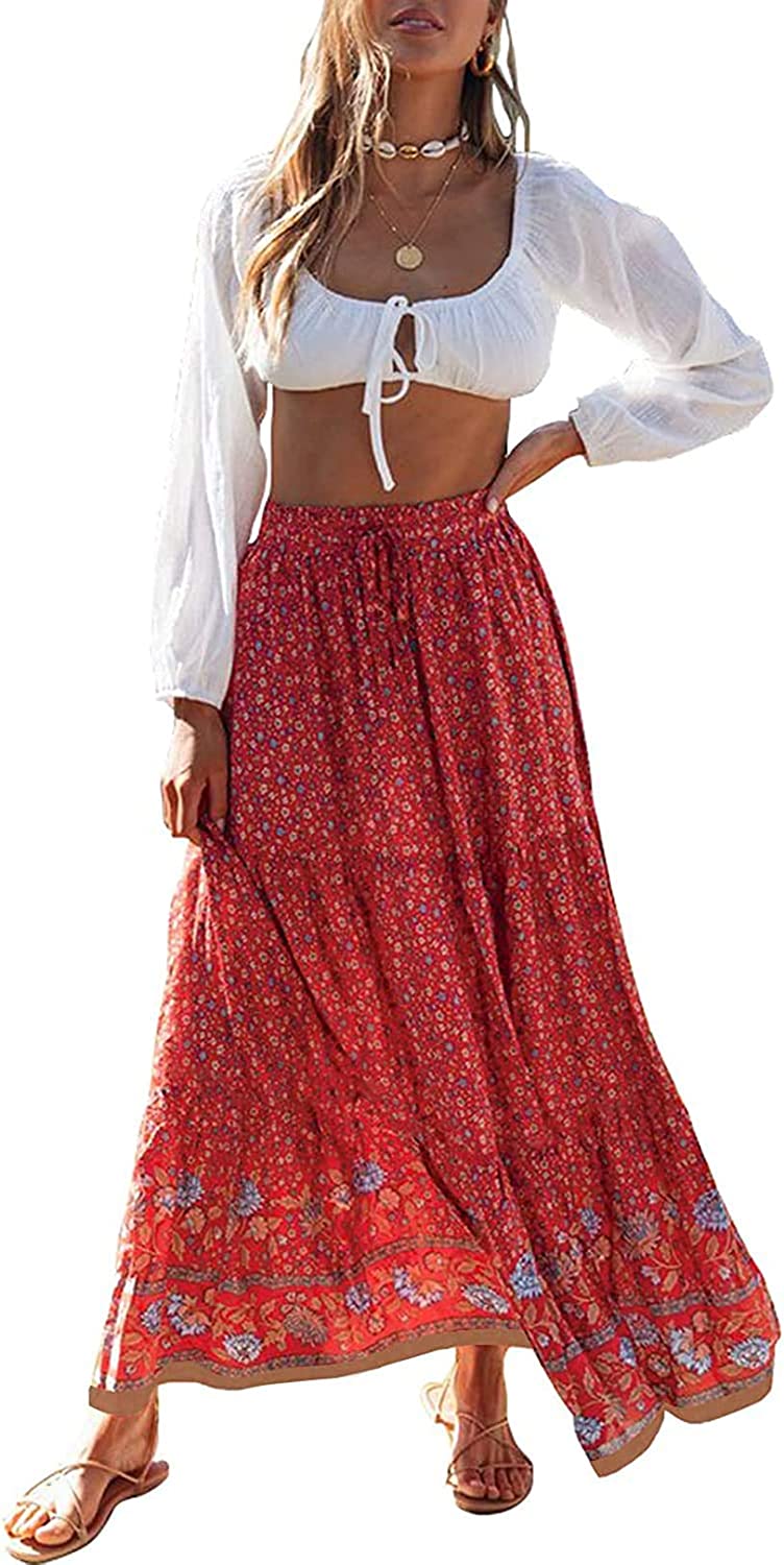 Women's Skirts Boho Floral Printed Elastic High Waist A Line Maxi Skirt with Pockets