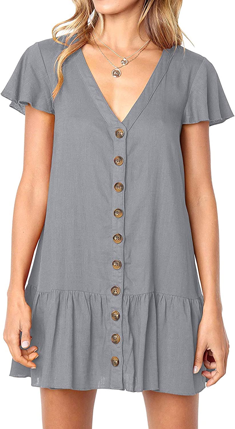 Womens Polka Dot V Neck Button Down Ruffles Loose Mini Short T-Shirt Dress