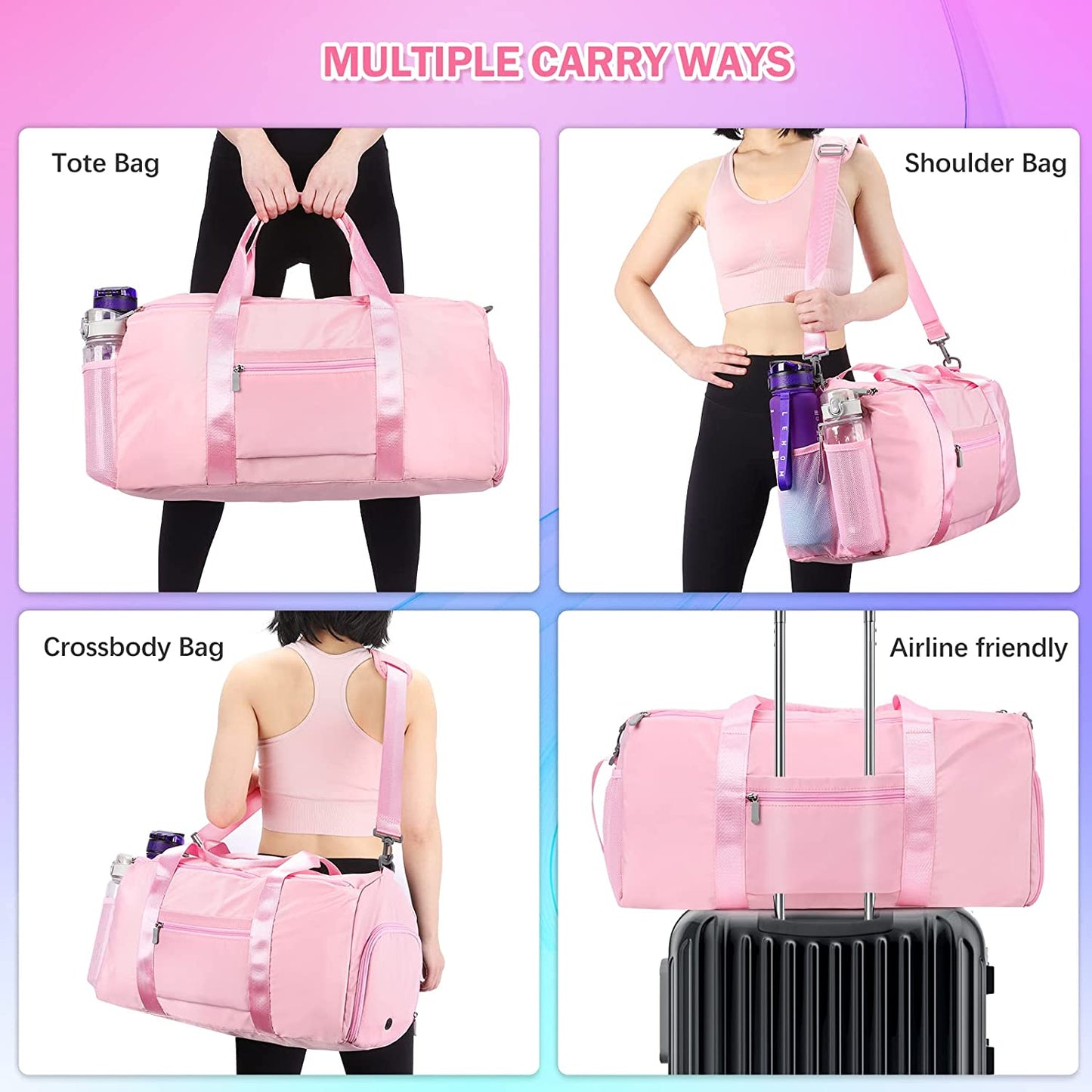 SAMIT -Gym Bag-35L Duffel Bag Large Sports Gym Bag for Women Waterproof Travel Bag Carry on Bag Overnight Weekend Bag Girl Dance Bag with Wet Pocket & Shoe Compartment(Pink)