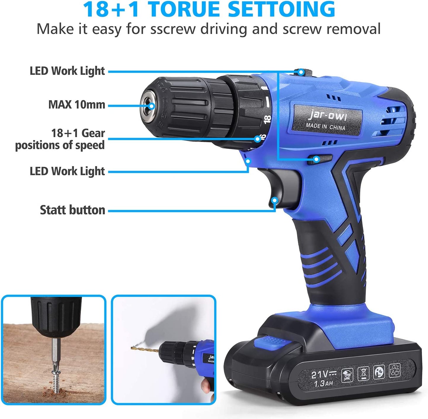 112 Piece Power Tool Combo Kits with 21V Cordless Drill, Professional Household Home Tool Kit Set with DIY Hand Tool Kits for Garden Office House Repair Maintain-Blue
