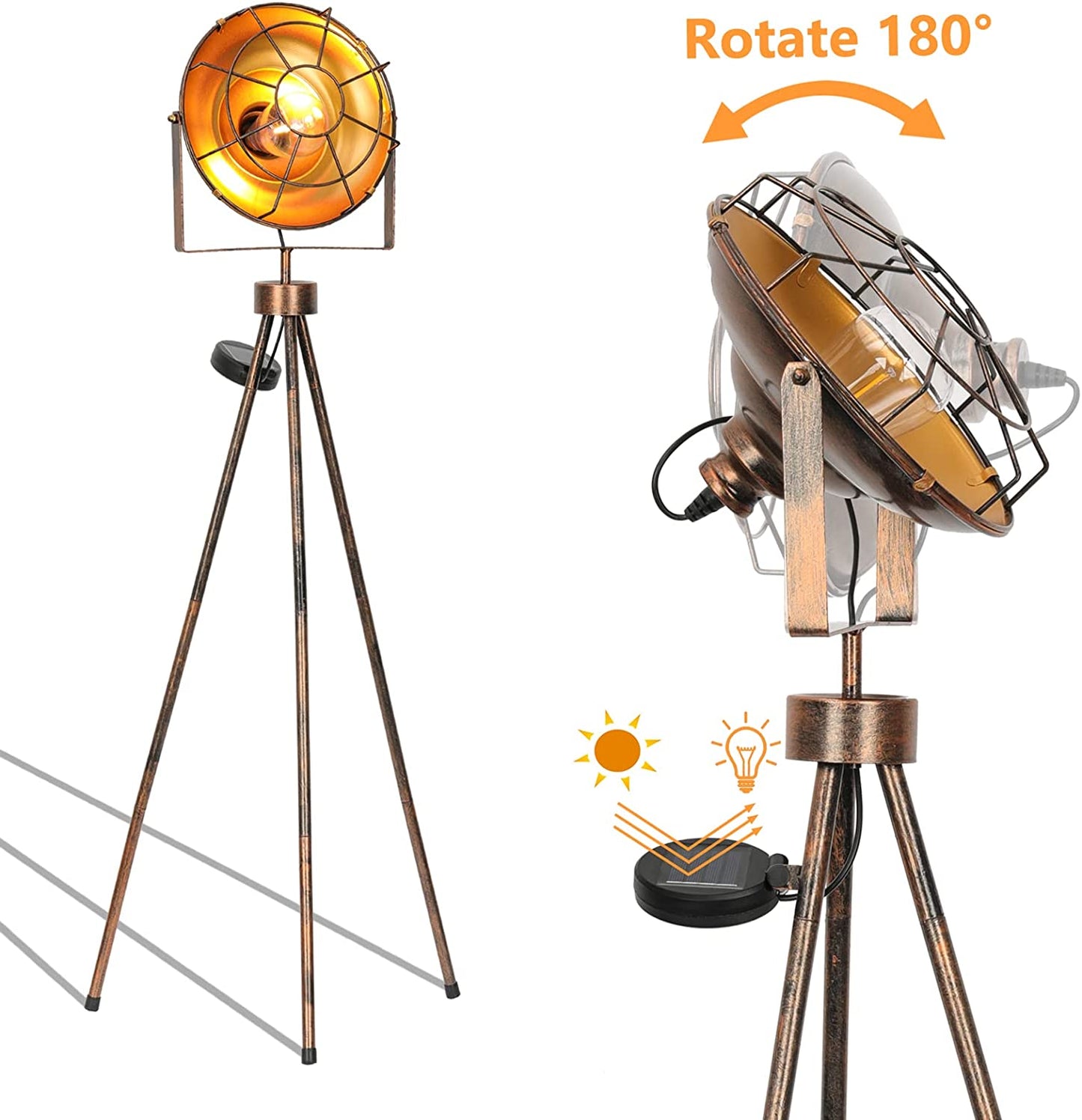 Solar Powered Outdoor Lights Decorative, Solar Pathway Lights Industrial Tripod Floor Lamp Spotlight Standing Solar Powered Lantern with Metal Legs Decor for Garden, Patio, Desk Edison Bulb Included