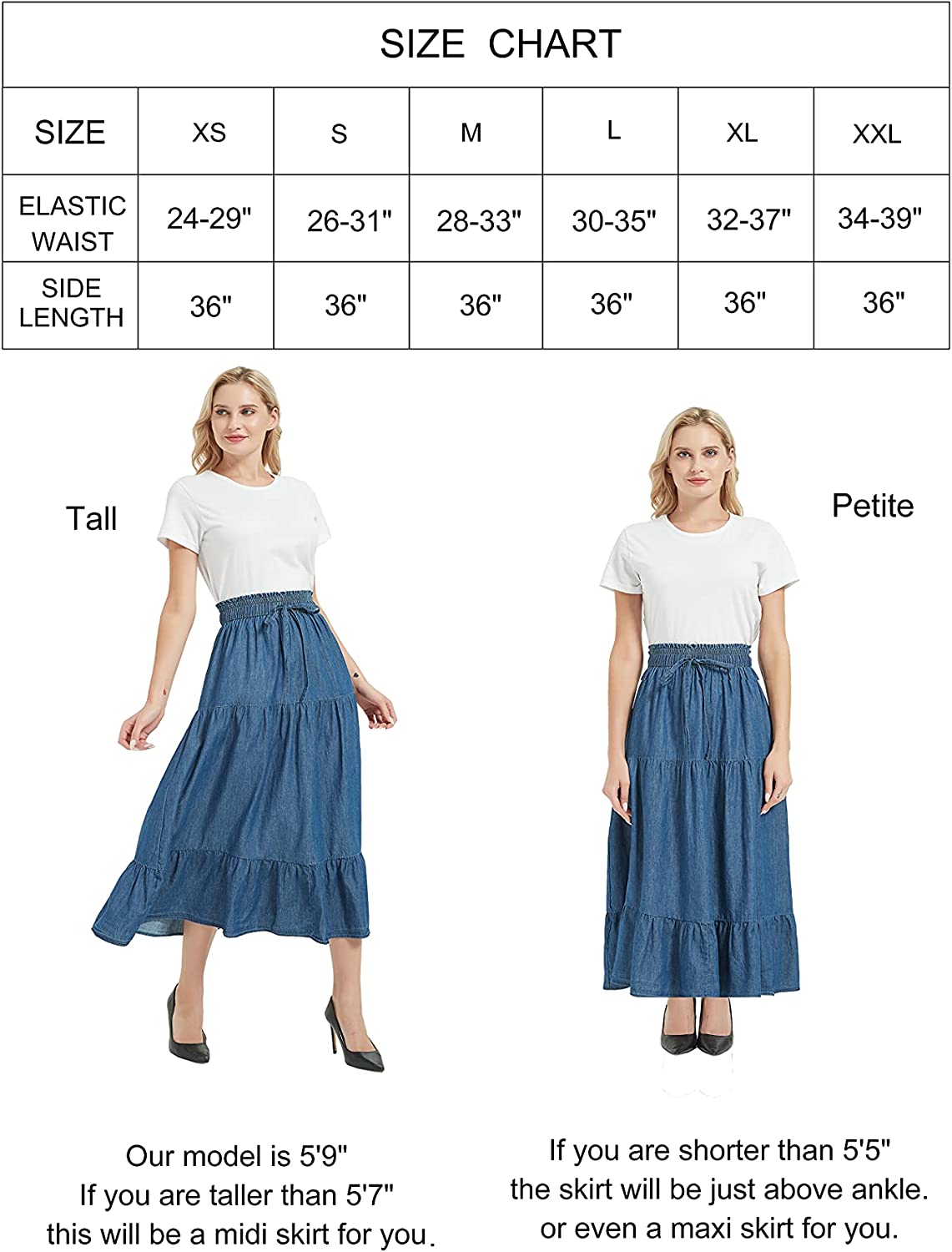 Womens A Line Long Midi Denim Skirt Tired Pleated Layers Elastic Waist Front Drawstring