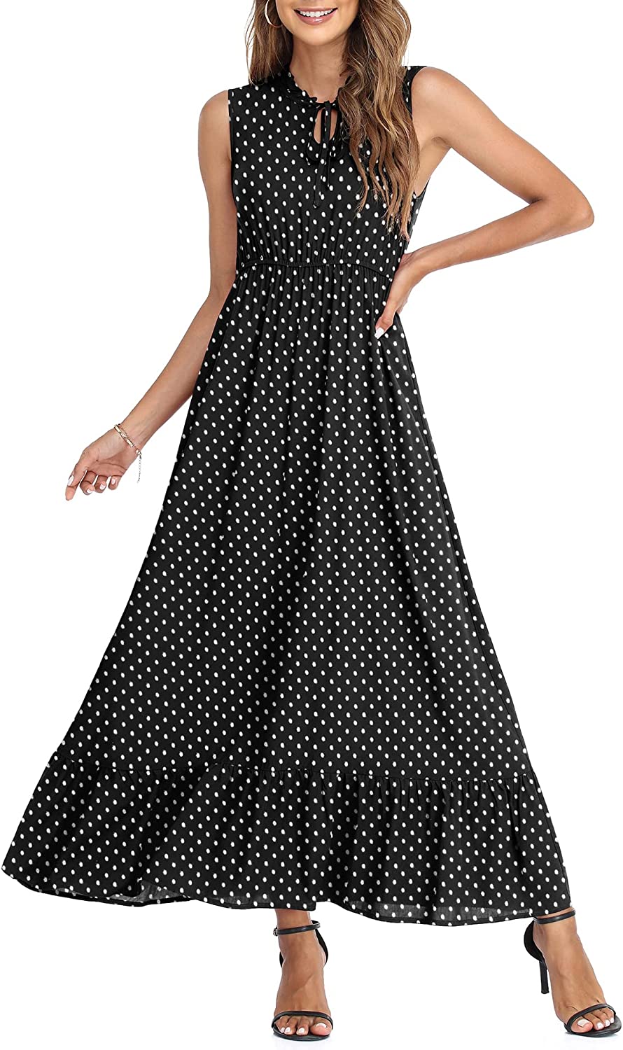 Women's Sleeveless Summer Tie Neck High Waist Casual Boho Dress Floral Print Ruffle Hem Long Beach Maxi Dresses