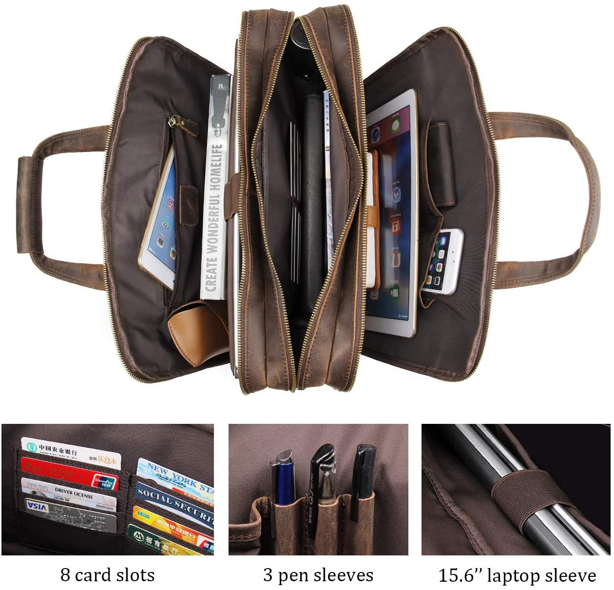 Augus Leather Briefcase for Men Business Travel Messenger Bags 15.6 Inch Laptop Bag YKK Metal Zipper, Brown