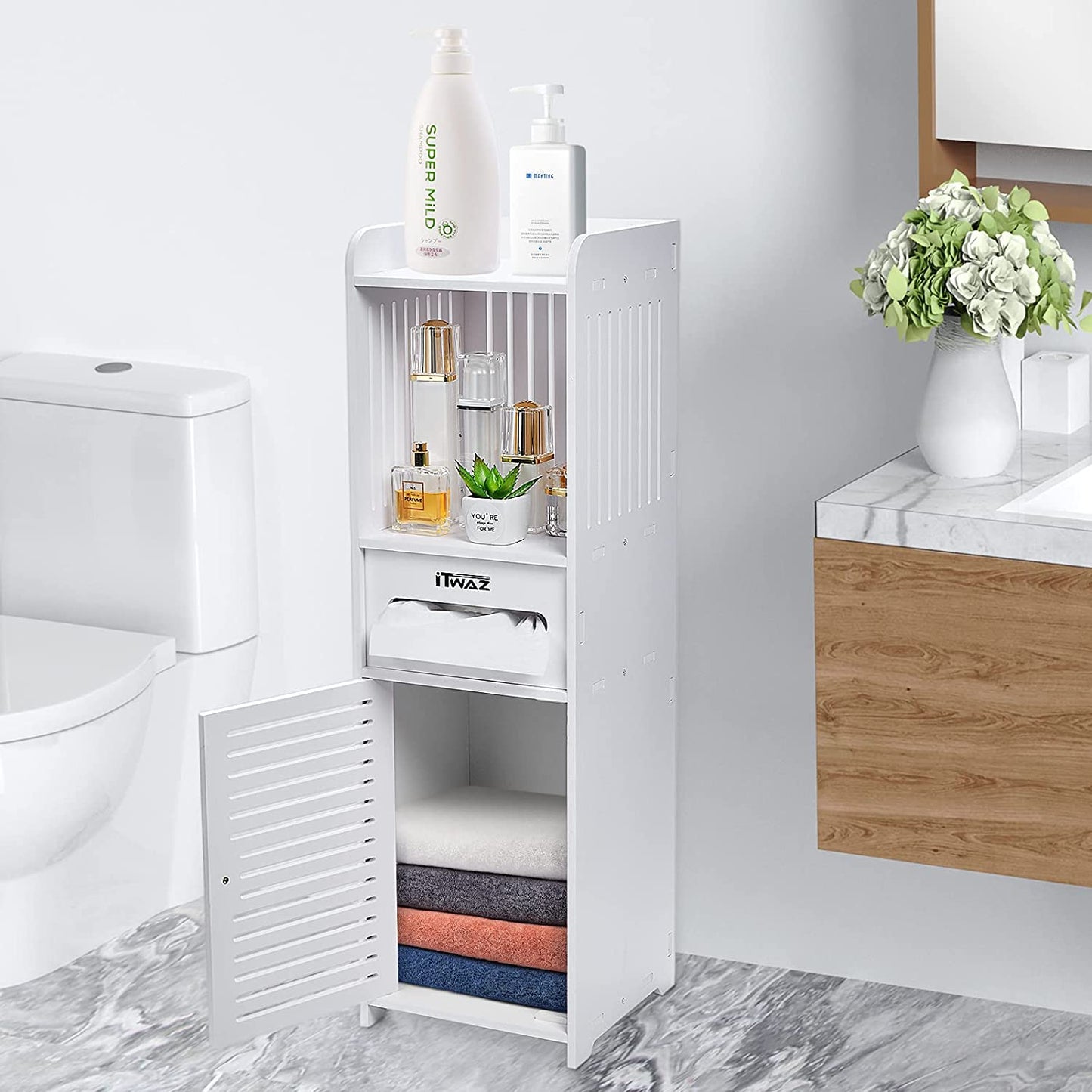 Multipurpose Bathroom Standing Cabinet with Single Door and 3-Layer, Free-Standing Shelves for Living Room Bathroom Storage Cabinet,9.8" Lx9.8 Wx31.5 H White B