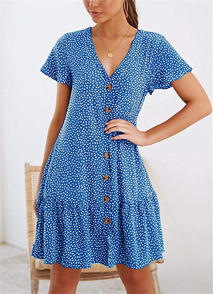 Womens Polka Dot V Neck Button Down Ruffles Loose Mini Short T-Shirt Dress