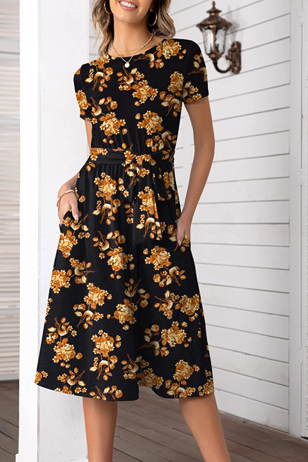 Women's Short Sleeve Striped Casual Flowy Midi Belt Dress with Pockets