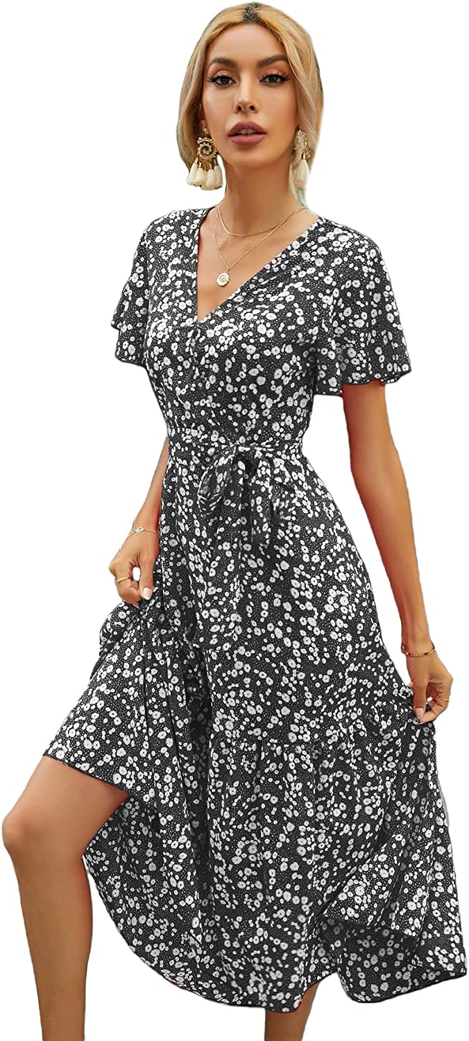 Womens Summer Dress Casual Ditsy Floral Tie Front Button Up Boho Midi Tshirt Dresses
