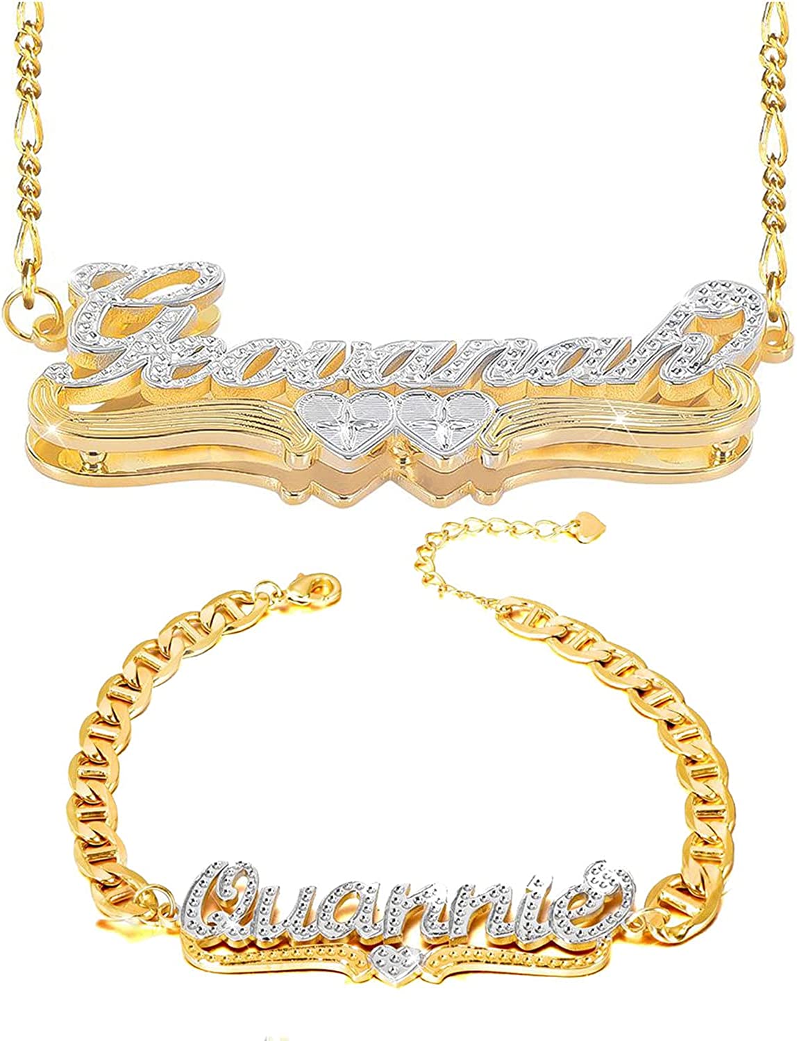 Gemiac Name Necklace Personalized 18K Gold Plated Double Name Necklace Custom Nameplate Necklace Personalized Birthday Gifts for Women Men Girls