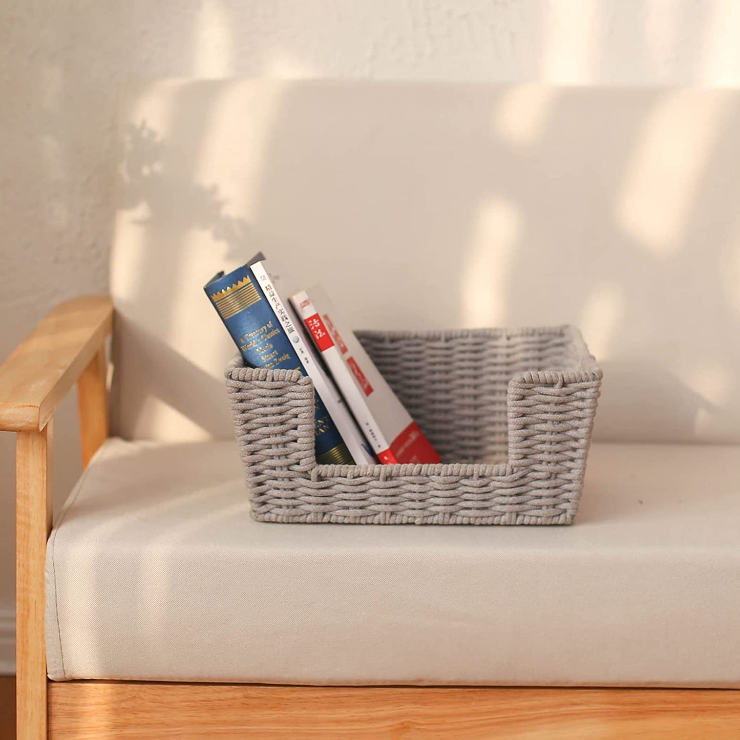 Cotton Rope Storage Basket with Handles Woven Open-Front Baskets Storage Wicker Organizing Baskets for kitchen/Bathroom/Bedroom/Laundry Room/Pantry (Gray)