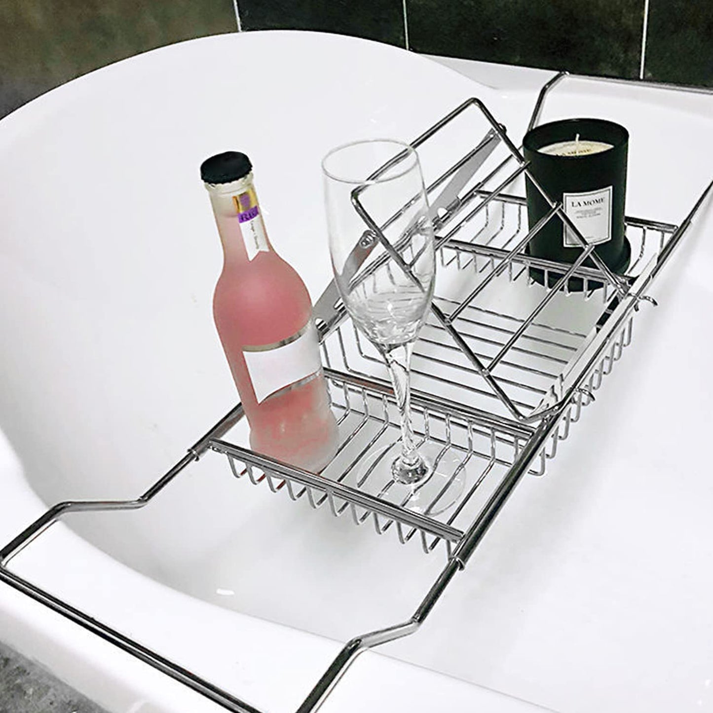Insputer Stainless Steel Bathtub Caddy Tray, Expandable Bath Tub Tray Racks Shower Organizer for Luxury Bathroom with iPad Book Holder&Removable Wine Glass Holder Bath Accessories