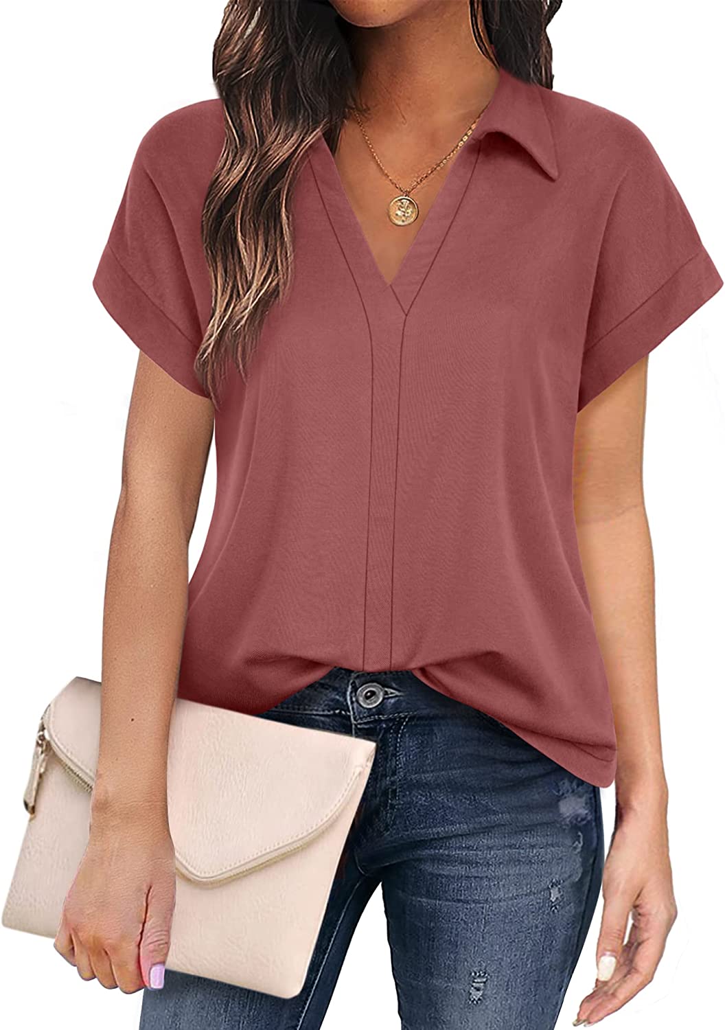 Women's Short Sleeve Tops and Blouses Business Casual Collared Tunic Shirt
