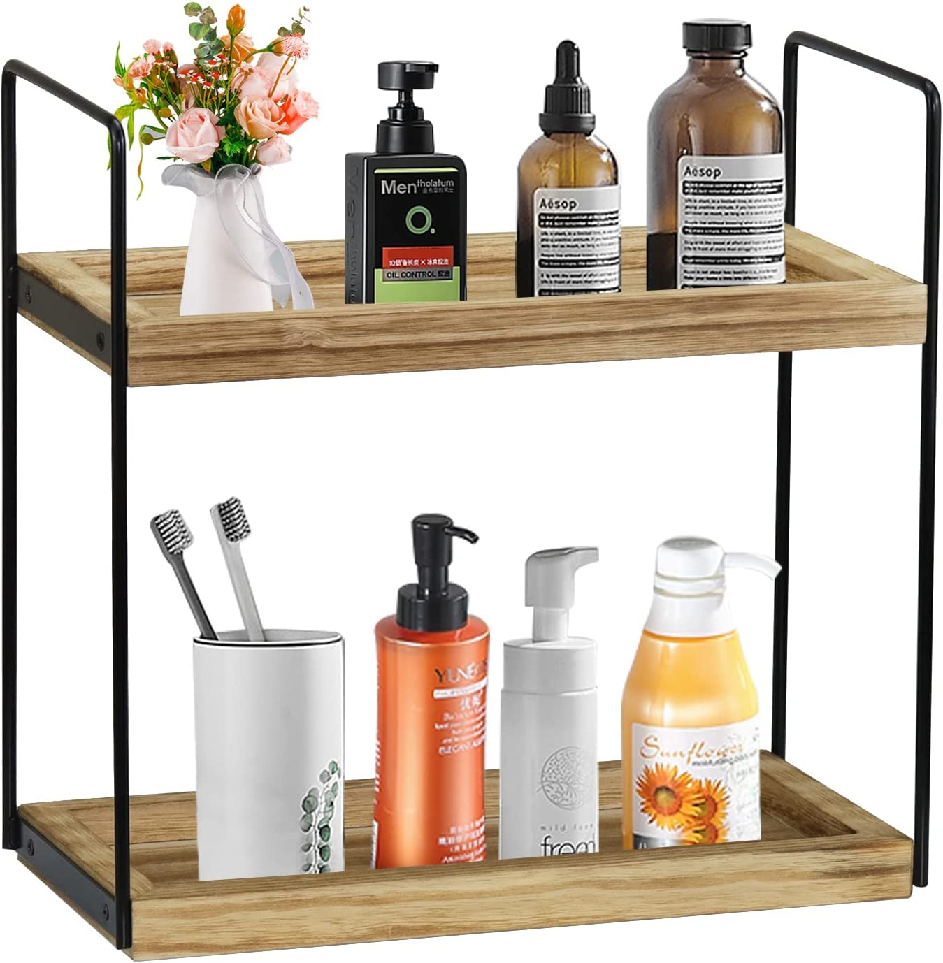 2-Tier Bathroom Organizer Cuntertop, Wood Bathroom Counter Organzier and Storage Shelf, Vanity Organizer Bathroom Counter Tray Cosmetic Makeup Shelf, Kitchen Counter Organizers Spice Rack
