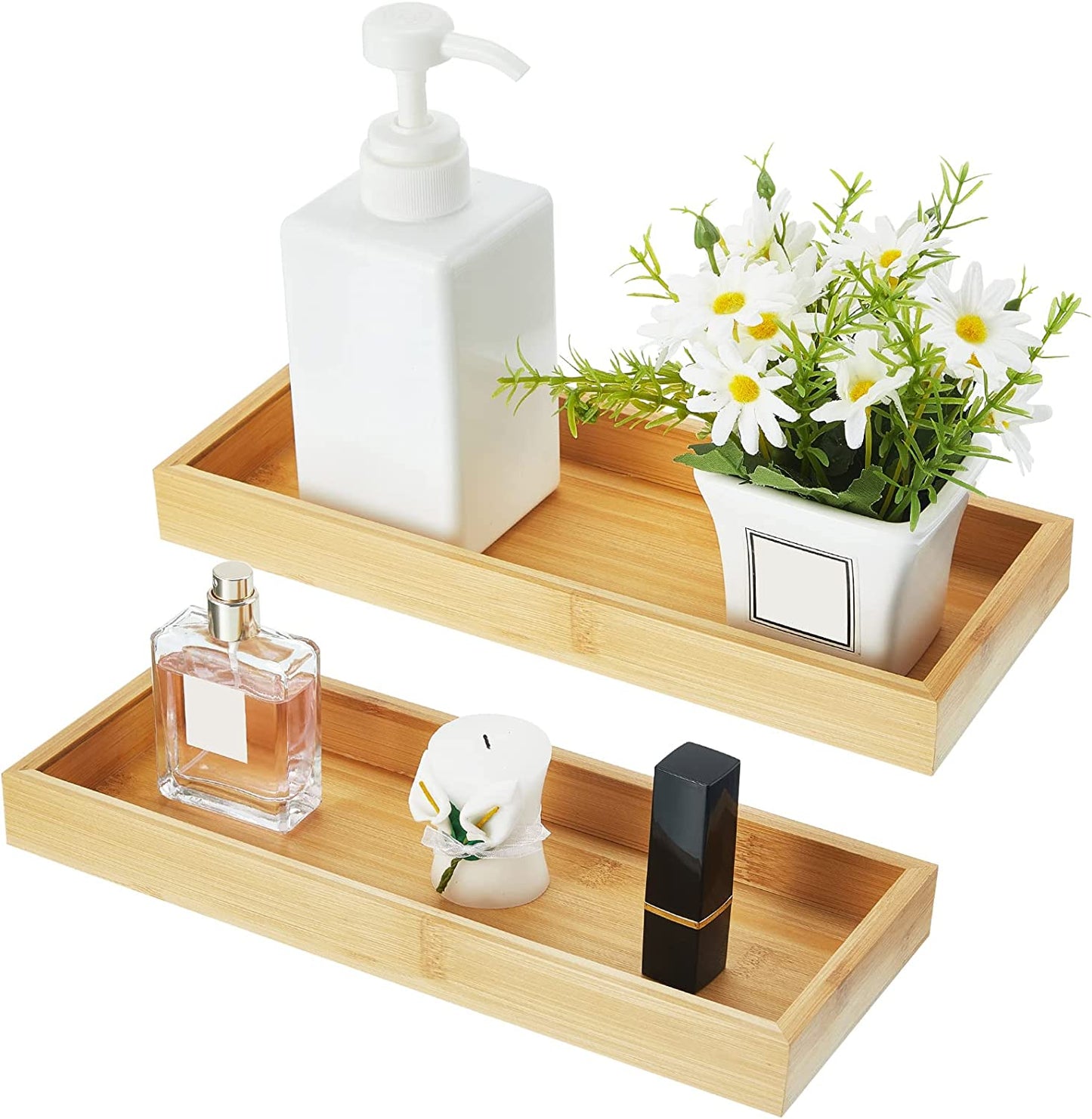 2 Pcs Bamboo Bathroom Tray Toilet Paper Storage Toilet Tank Tray Toilet Tissue Holder Organizer Box Basket with Silicone Slip Resistant at 4 Corners for Tank Kitchen Counter (11 x 4X 1 Inch)