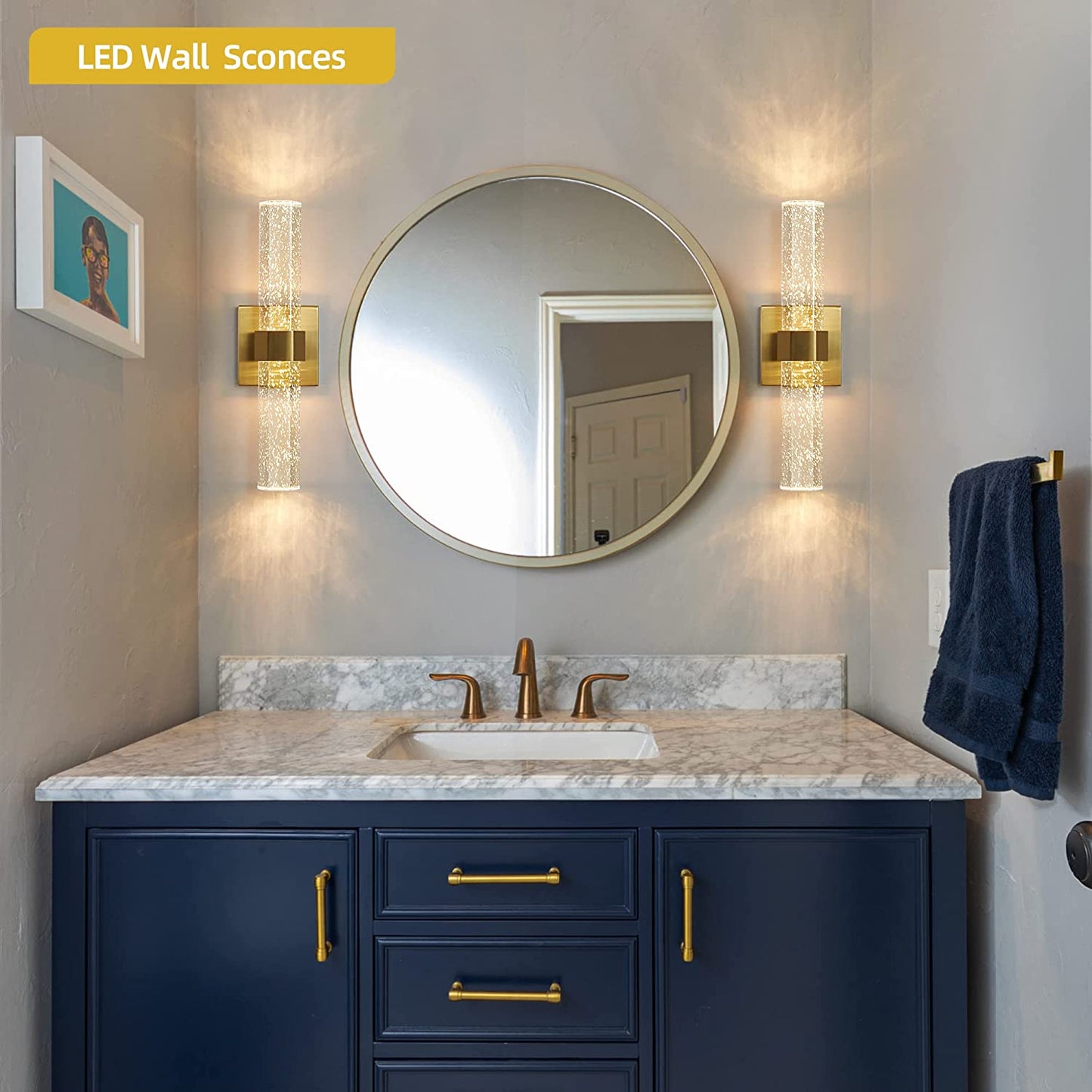Wall Sconces Lighting Set of Two - Epinl Crystal Bathroom Light Fixture LED Gold Sconces Wall Lighting with Bubble Glass 15.7inch Indoor Vanity Lights for Bathroom Hallway Bedroom Living Room (2 Pack)