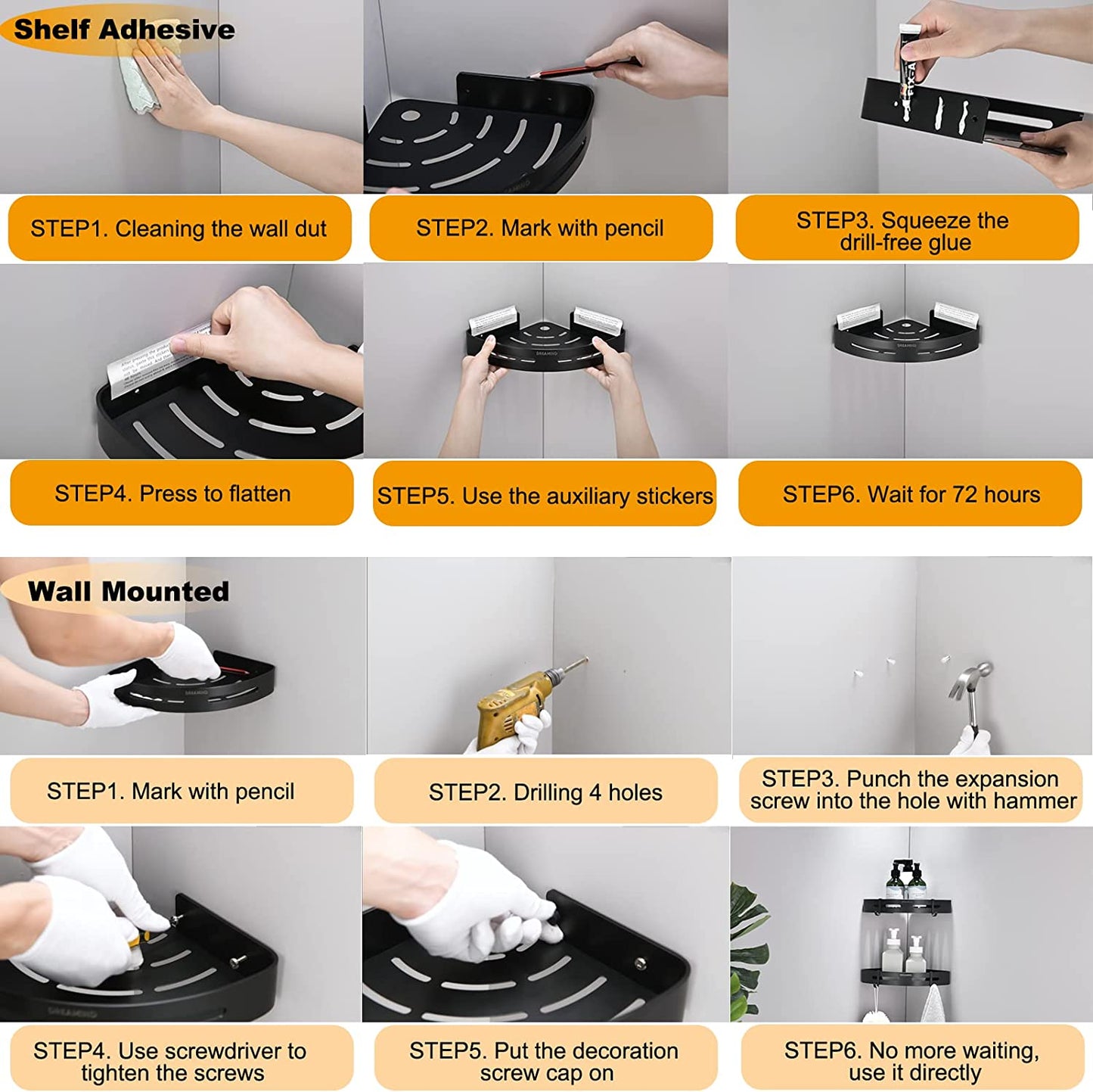 Black Corner Shower Caddy, No Drilling Adhesive Bathroom Organizer, Wall Mounted Shower Corner Shelf, Aluminum Shower Shelves 2-Pack Bathroom Storage Rack for Kitchen Toilet