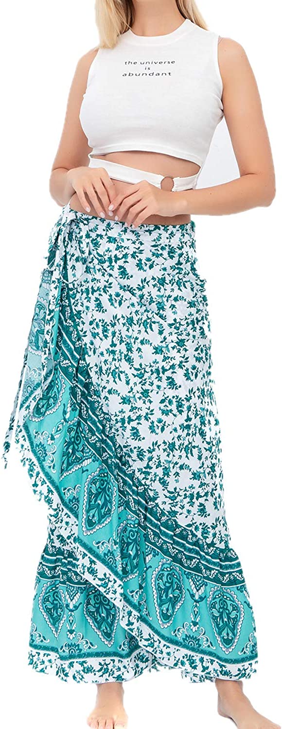 ForeMode Women Boho Print High Waist Side Wrap Bohemian Asymmetric Hem Maxi Long Skirt One Size