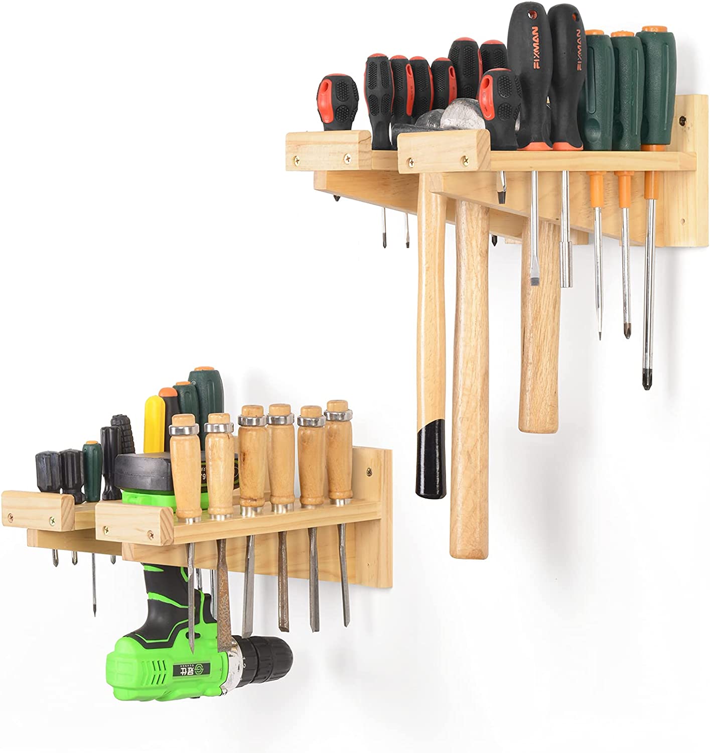 Screwdriver Organizer Tool Rack, ikkle Wood Strips Fixture Screwdriver Holder Hammer Rack, Pliers Holder, Scraper Rack, Wall Mounted Tool Storage for Workbench, Yard, Garage, Garden (4 Pcs)