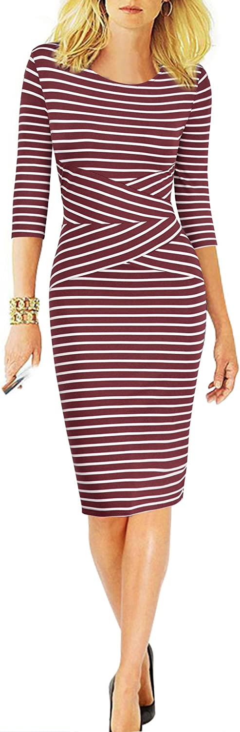 Women 3/4 Sleeve Striped Wear to Work Business Cocktail Pencil Dress