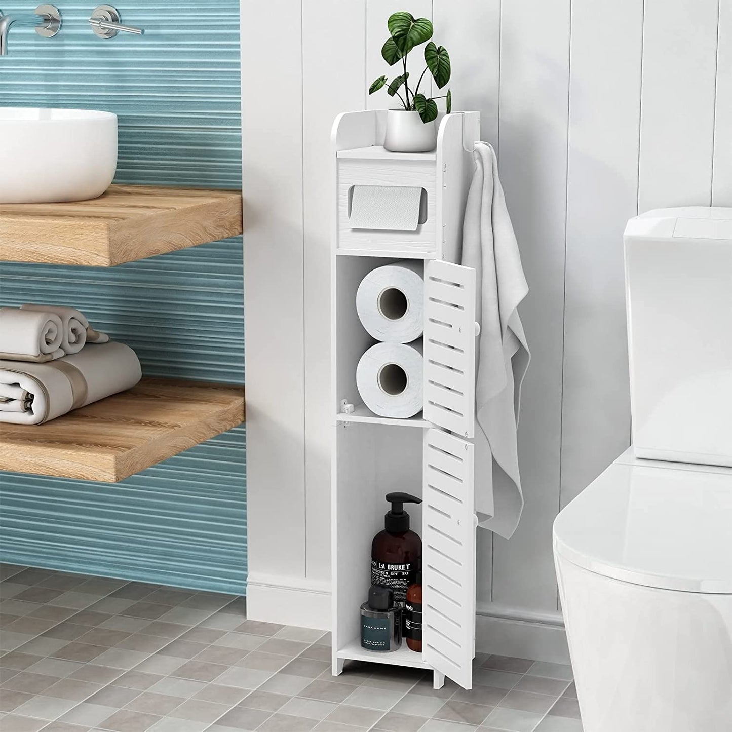 Upgrade Small Bathroom Storage Cabinet with 2 Doors and 2 Shelves, W6.1 x D6.1 x H31.5 Bathroom Organizer, 4 Tier Design Toilet Paper Storage Stand for Small Space and Corner(White)