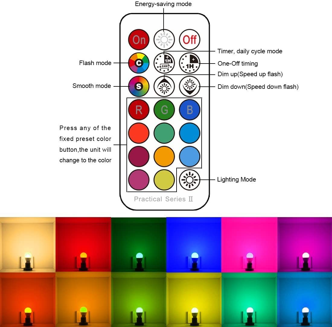 LED Light Bulb, Color Changing Light Bulb, 40W Equivalent, 450LM, 2700K Warm White 5W E26 Screw Base RGBW, Flood Light Bulb- 12 Color Choices - Timing Infrared Remote Control (4 Pack)
