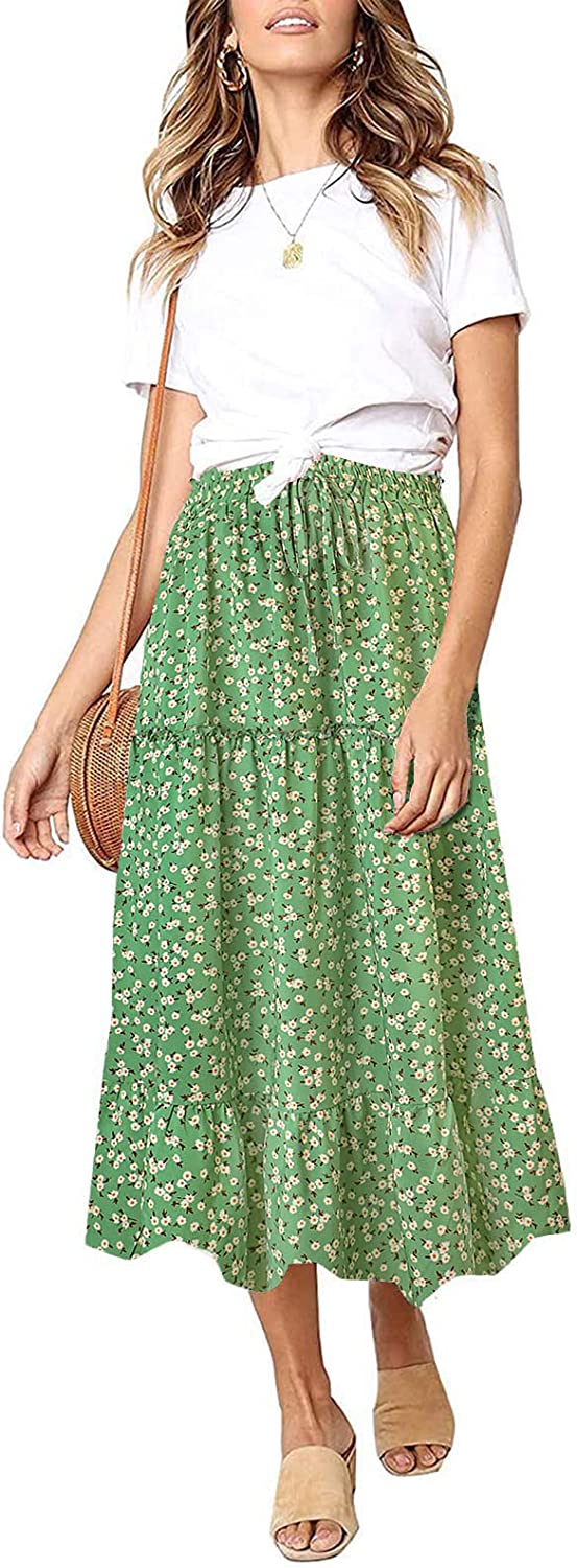 Women's Skirts Boho Floral Printed Elastic High Waist A Line Maxi Skirt with Pockets