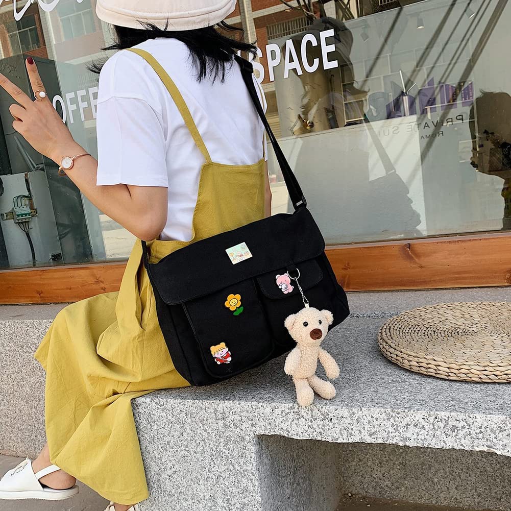Canvas Crossbody Bag with Kawaii Pins and Pendent for Women Girls Casual Shoulder Messenger Bag Students Schoolbag