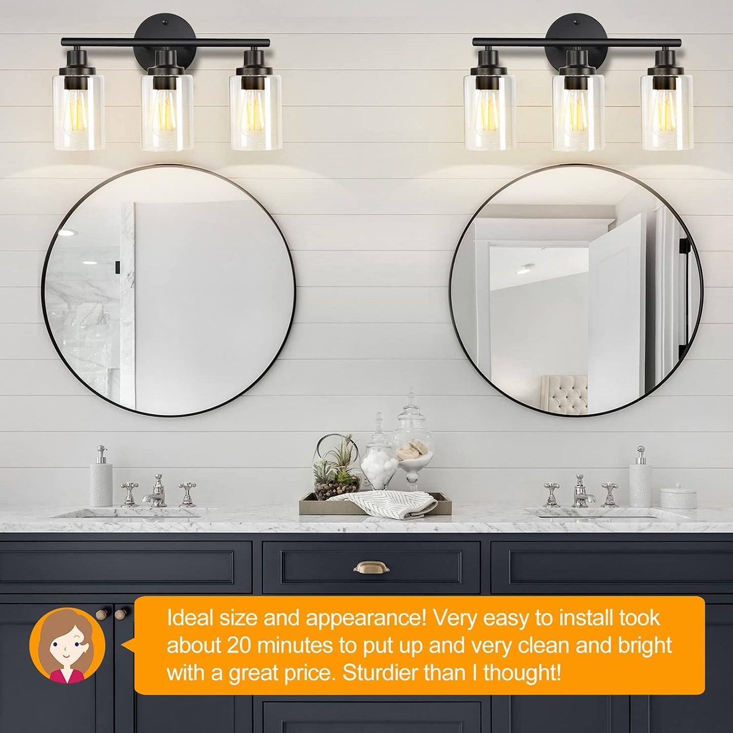 Bathroom Light Fixtures Black Vanity Light, 3 Light Wall Sconces Lighting Bathroom Lights with Clear Glass Shades, Bath Wall Lights Wall Lamp for Mirror, Kitchen, Living Room, Bedroom, Hallway