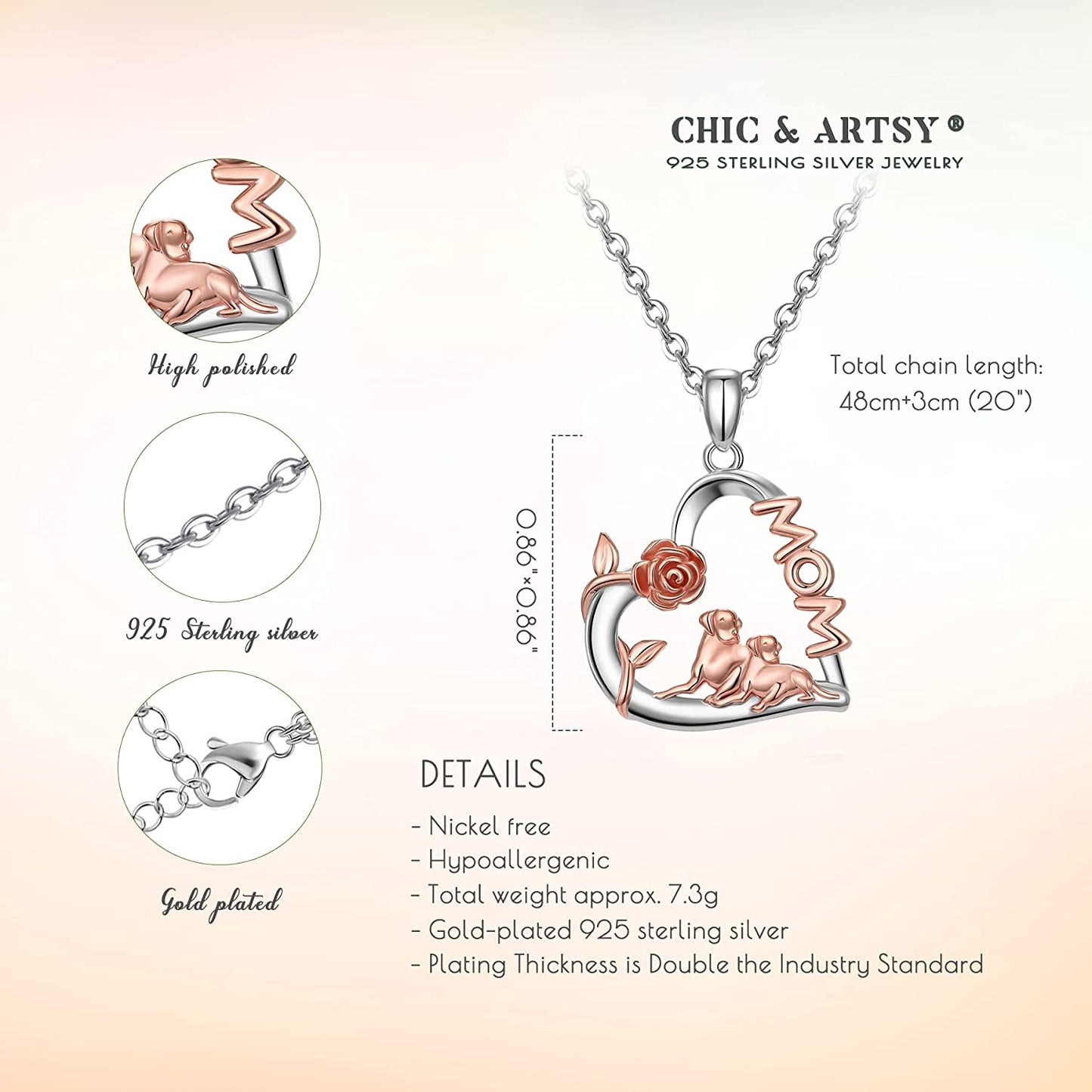 925 Sterling Silver Dog Mom Pendant Necklace Lovely Animal love Heart Necklace Dog Lover Memorial Gifts for Women Mom Wife Daughter Cable Chain 18"-20'' Inches