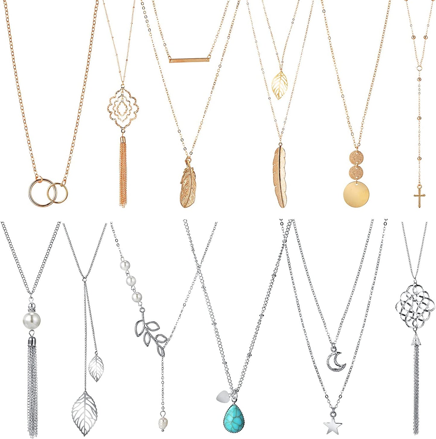 12 Pieces Long Pendant Necklace Set Y Tassel Leaf Circle Bar Necklace for Women