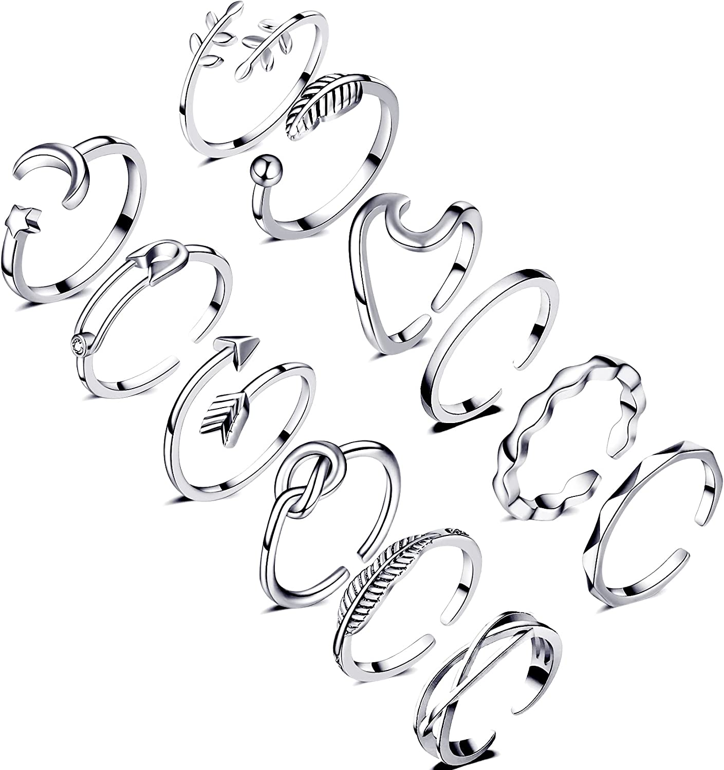 Honsny 12PCS Adjustable Knuckle Rings for Women, 14K Simple Gold Stacking Rings Pack, Open Knot Wave Star Moon Dainty Thumb Ring, Cute Silver Rings Set for Teen Girls