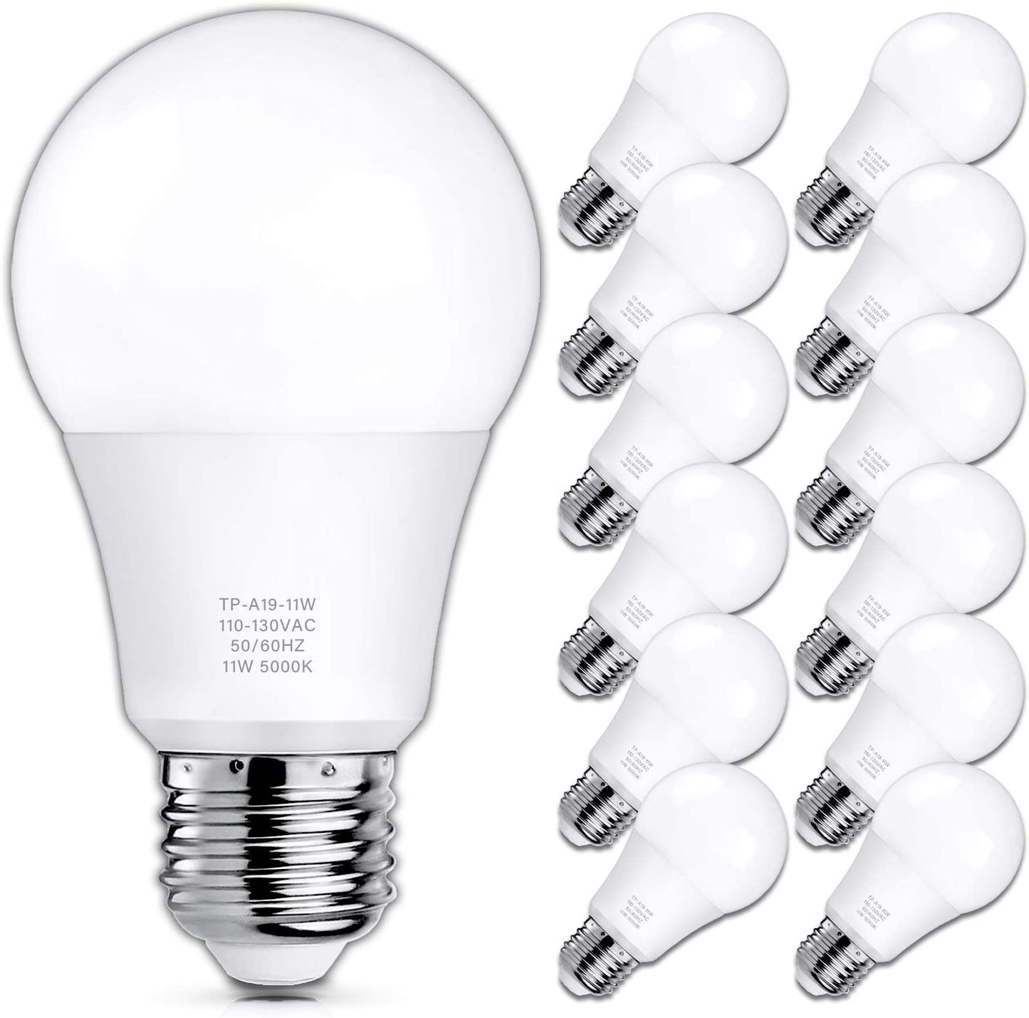 A19 LED Light Bulbs, 100 Watt Equivalent LED Bulbs, 5000K Daylight White, 1100 Lumens, Standard E26 Medium Screw Base, CRI 85+, 25000+ Hours Lifespan, No Flicker, Non-Dimmable, Pack of 12