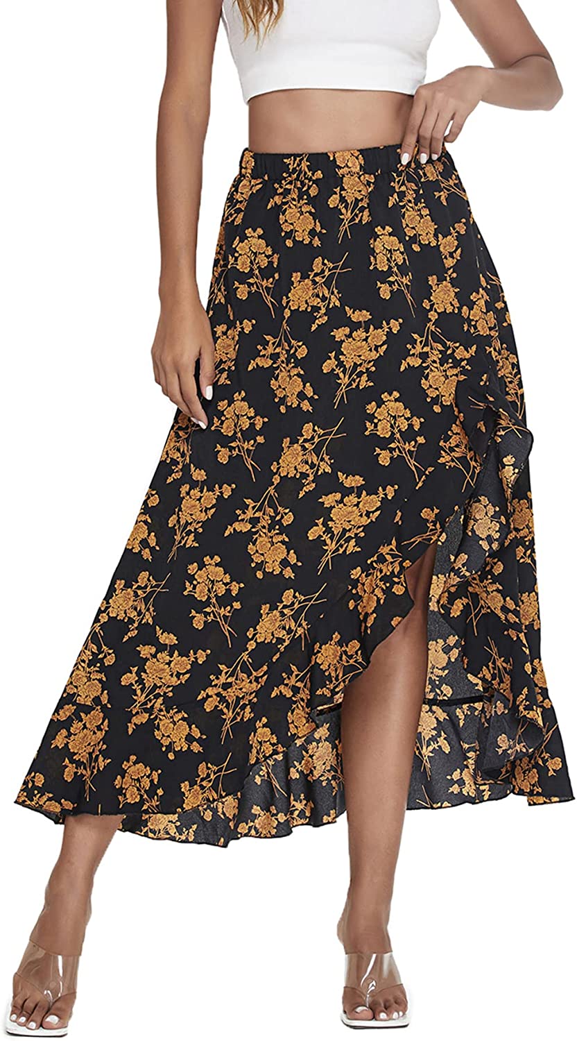 Women's Floral Print Button Front Ruffle Hem High Waist A Line Midi Skirts
