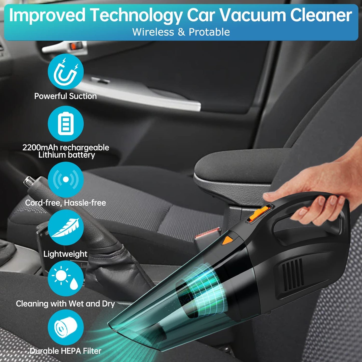 Car Vacuum,Portable Car Vacuum Cordless Cleaner Rechargeable with 120W High Power,Strong Suction,Mini Handheld Car Vacuum for Pet Hair,Home and Car Cleaning