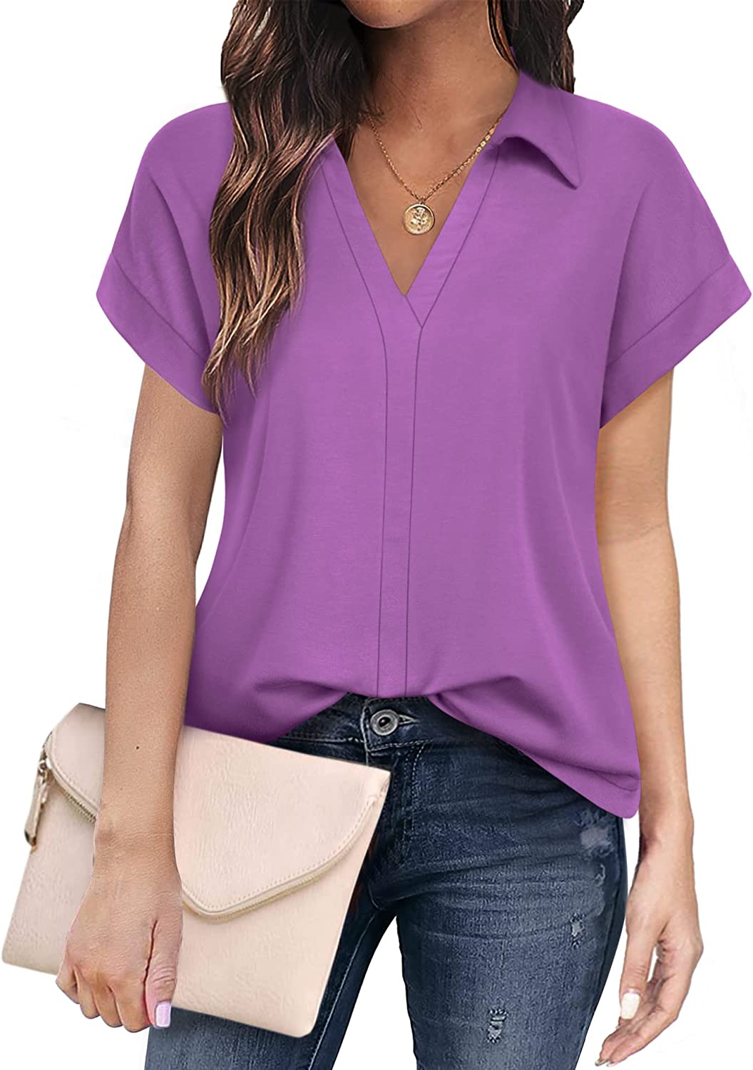 Women's Short Sleeve Tops and Blouses Business Casual Collared Tunic Shirt