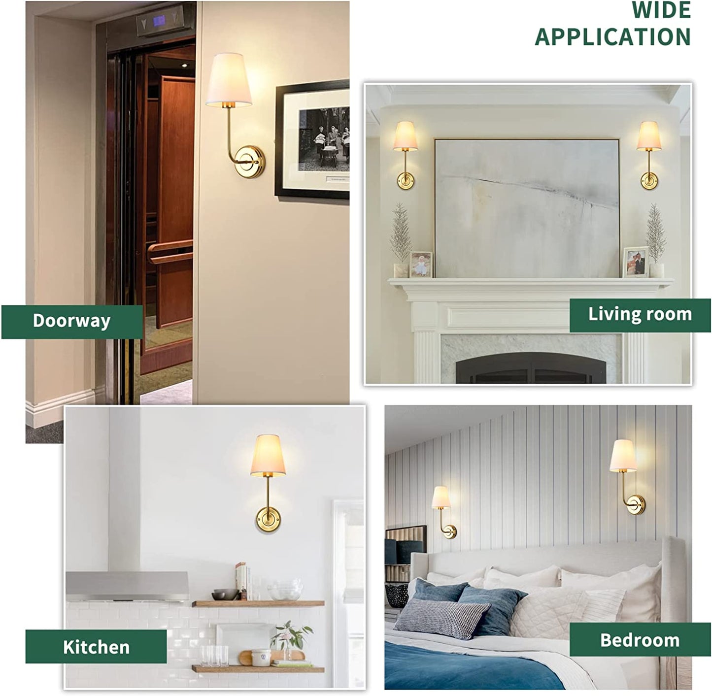 Wall Sconce Light Fixture Indoor Modern Sconces Wall Lighting Set of 2 with Flared White Fabric Shade Gold Vintage Industrial Wall Sconce Light for Bathroom Living Room Bedrooms Bedside Reading