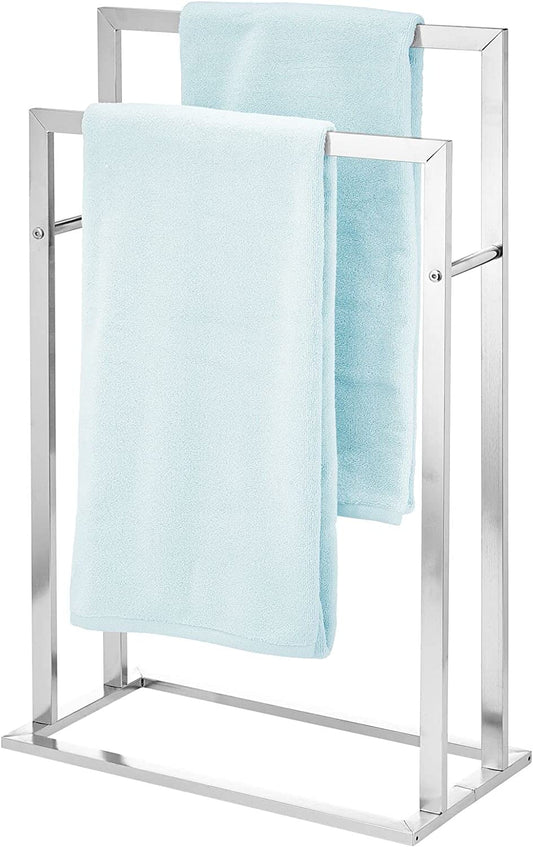 mDesign Metal Tall 2-Tier Free-Standing Towel Rack Holder for Bathroom Storage and Organization, Floor Stand Holds Bath, Hand Towels; Great for Guest, Half, Kids' Bathrooms - Chrome