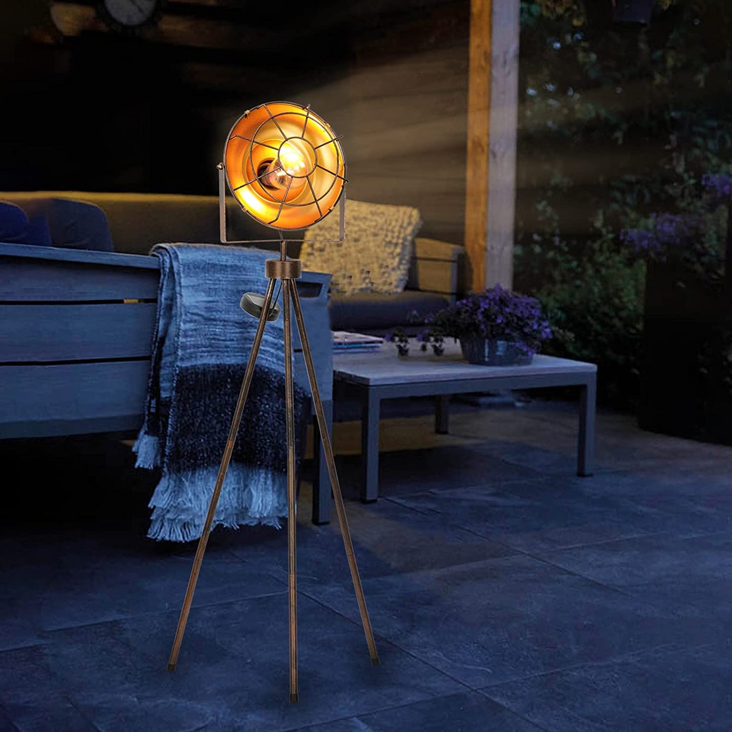 Solar Patio Floor Lamp Outdoor Pathway, Solar Powered Tripod Spotlight Standing Floor Lamp Waterproof Cordless Path Deck Lights Decorative for Garden Patio Lawn Edison Bulb Included