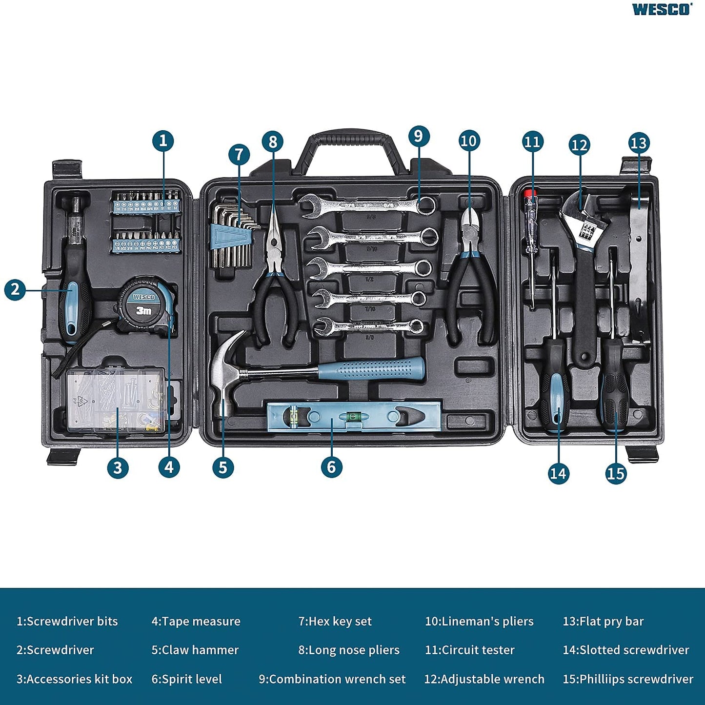 Tool Kit, Household Hand Tool Set, WESCO 144 Pieces Home/Car Tool Kit with Portable Storage Case/Box,Electrician Hand Tools Kit for Home/Men/Women