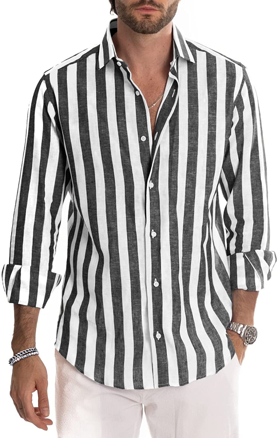 Men's Casual Long Sleeve Button-Down Shirts Striped Dress Shirts Cotton Shirt