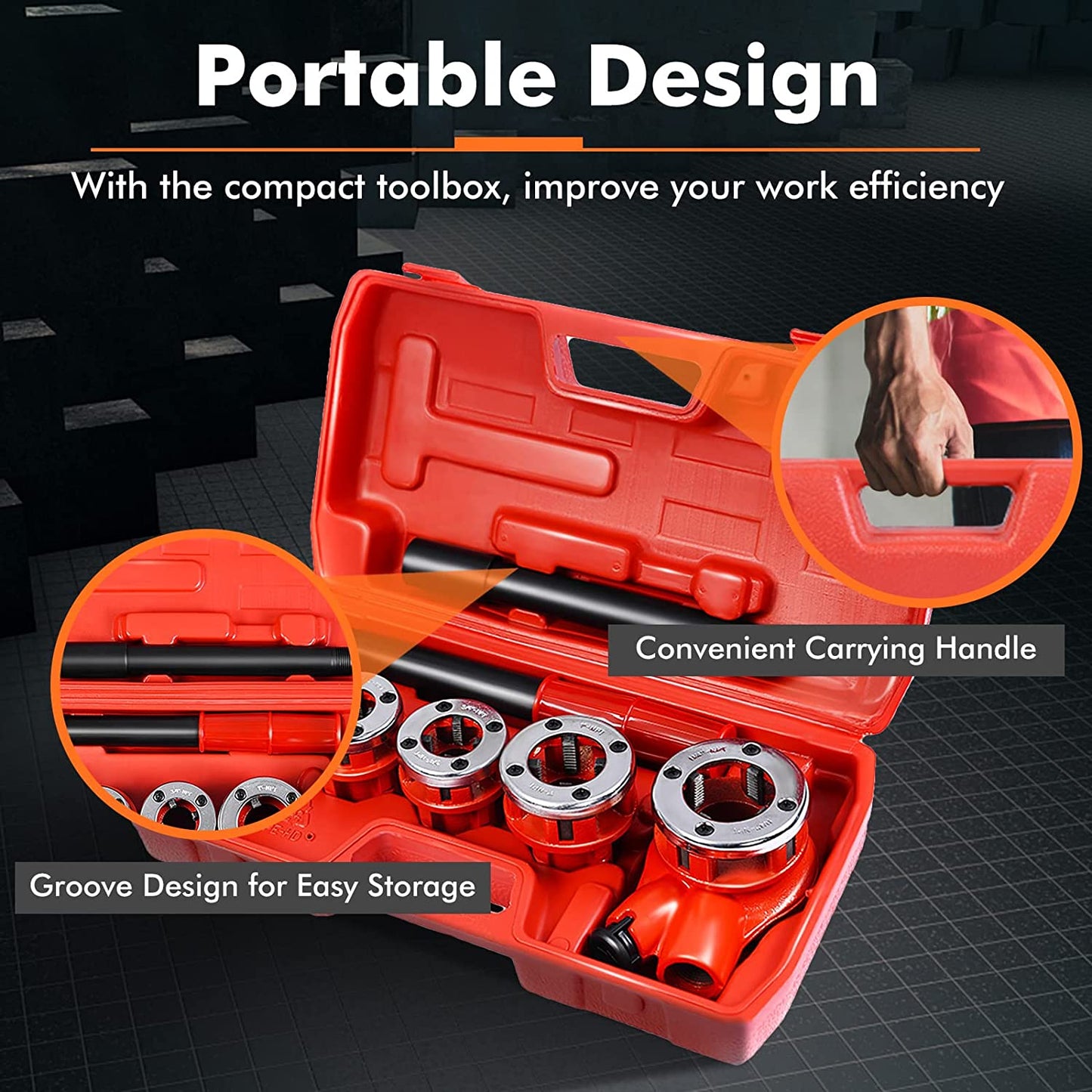 Goplus Ratchet Pipe Threader Kit, Ratcheting Pipe Threading Tool Set w/ 6 Dies- 1/4", 3/8", 1/2", 3/4", 1", 1-1/4" and Storage Case
