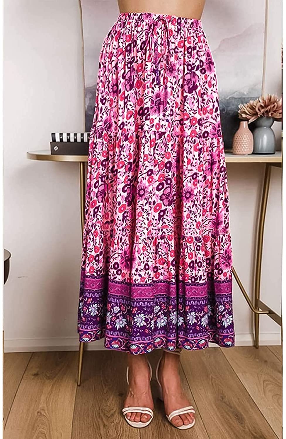 Women's Skirts Boho Floral Printed Elastic High Waist A Line Maxi Skirt with Pockets