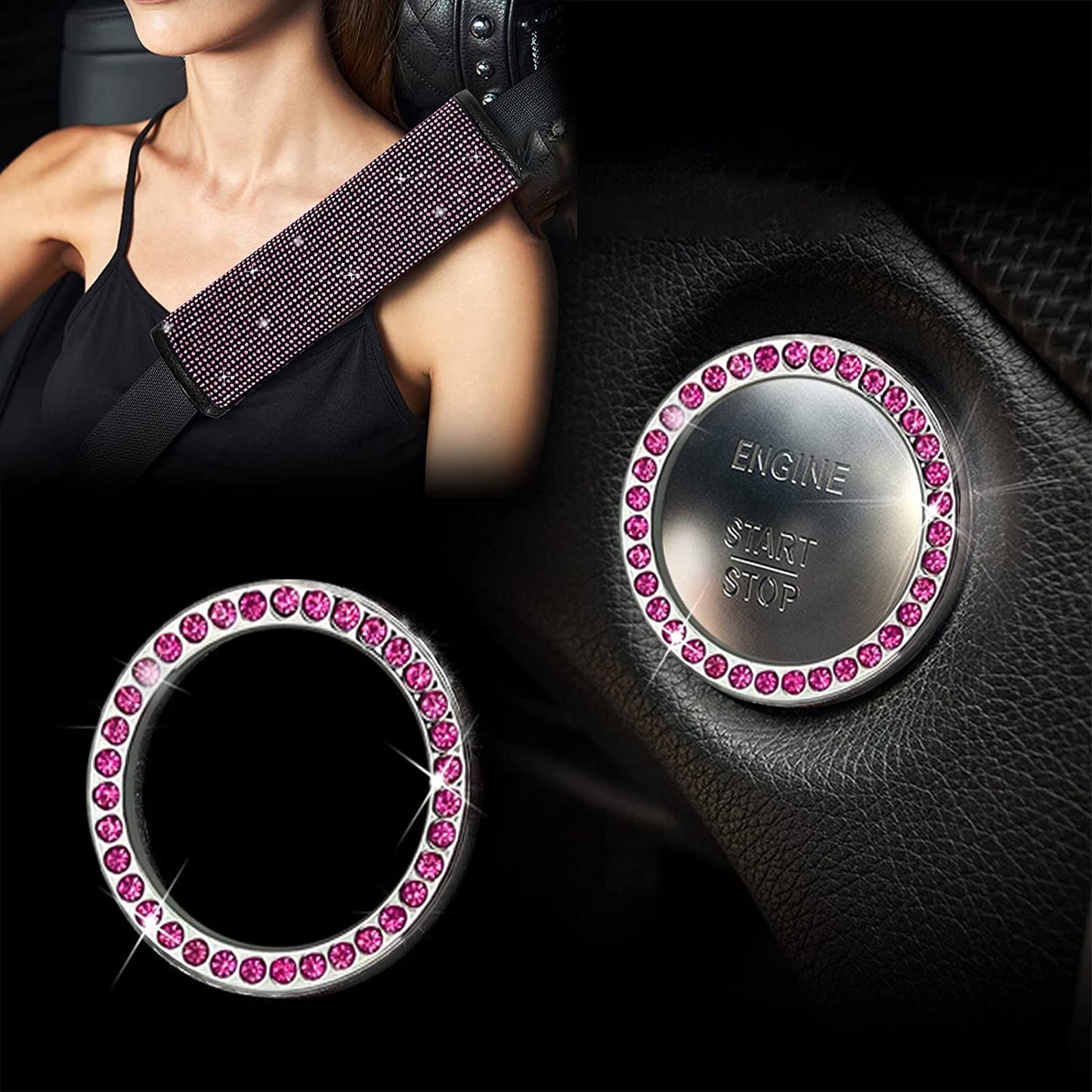11 Pcs Bling Car Accessories Set,Bling Car Accessories Set for Women, Bling Steering Wheel Cover for Women Universal Fit 15 Inch, Rhinestone Center Console Cover (Pink)