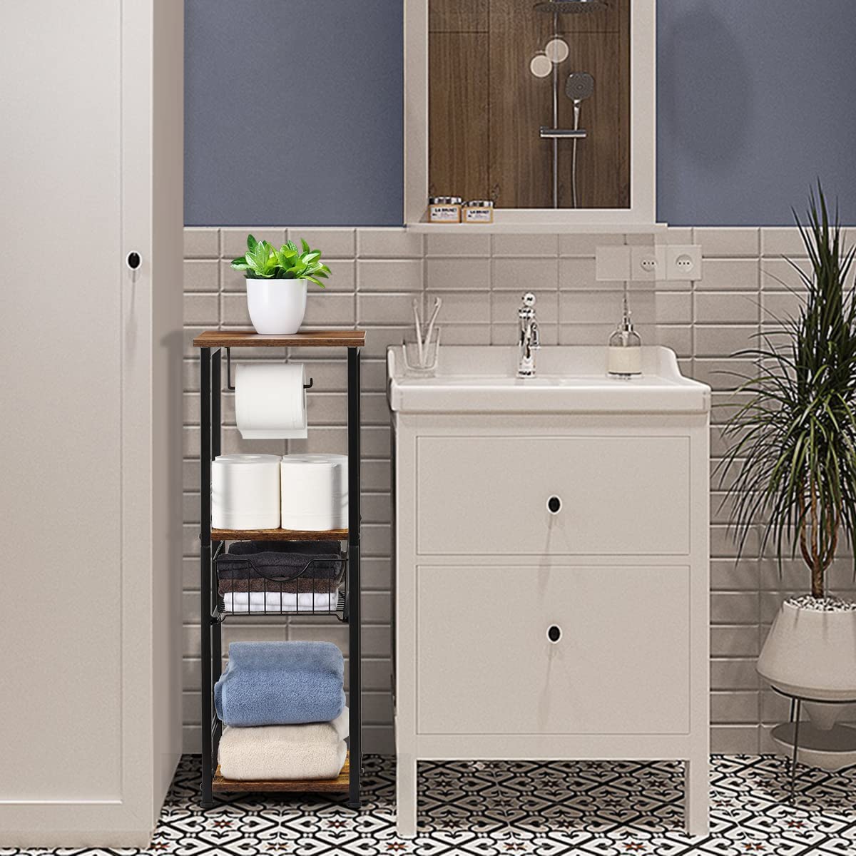 Toilet Paper Cabinet, 4 Tier Small Bathroom Storage Cabinet, Narrow Bathroom Cabinet for Small Spaces and Corner, Toilet Paper Holder with 1 Drawer and 3 Shelves(Rustic Brown)