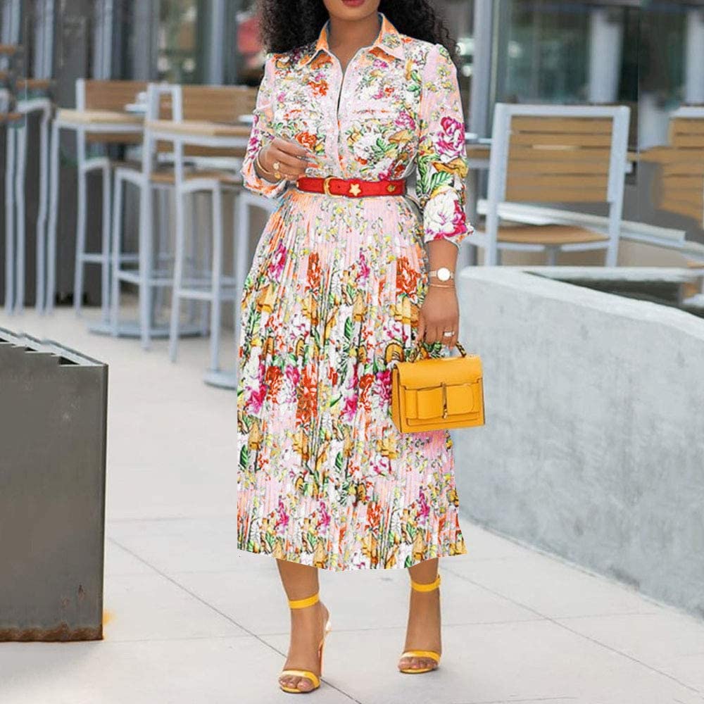 Lapel Three-Quarter Sleeve Knee Length Pleated Floral Women's Sheath Dress