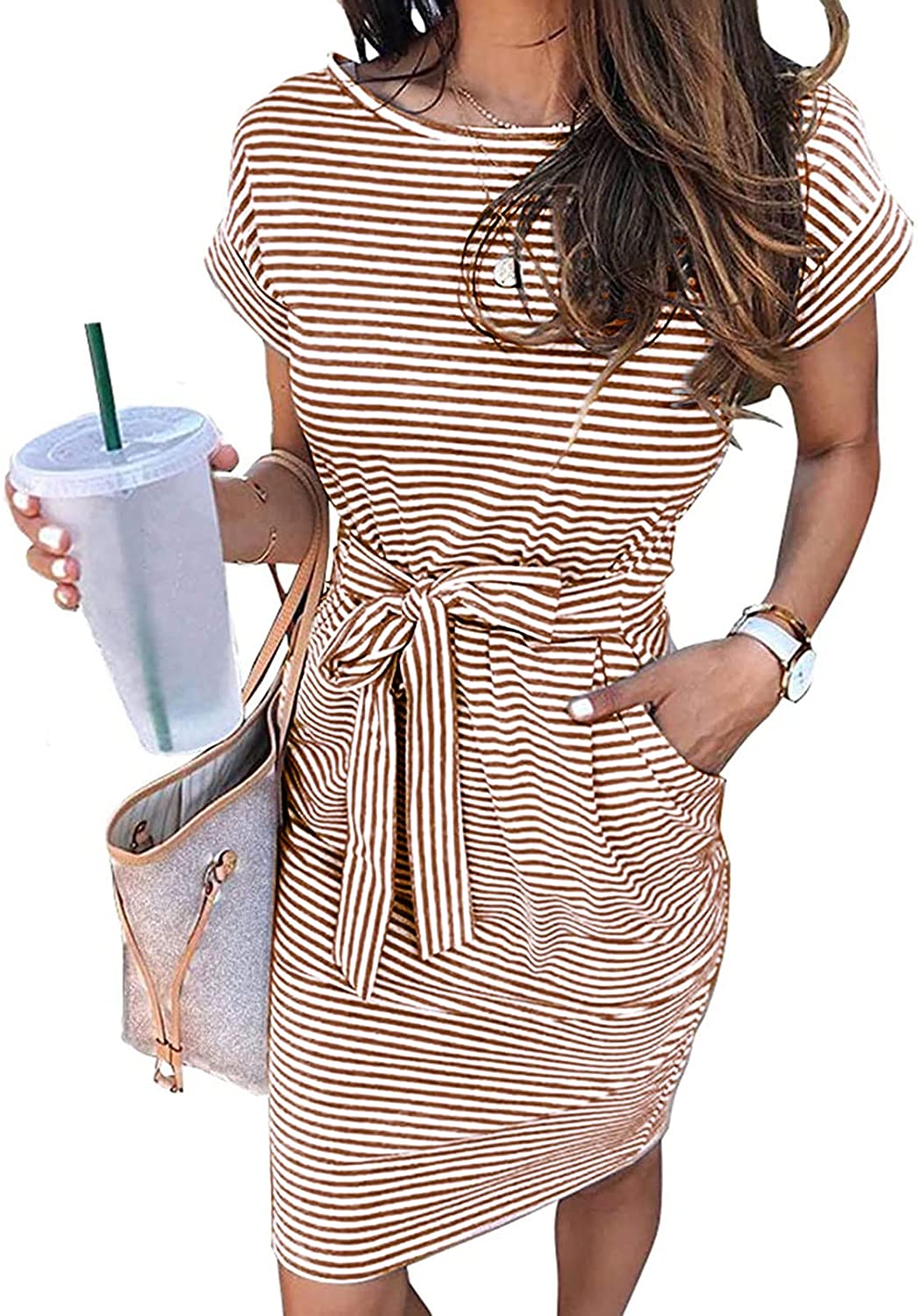 Women's Summer Striped Short Sleeve T Shirt Dress Casual Tie Waist Midi Dress