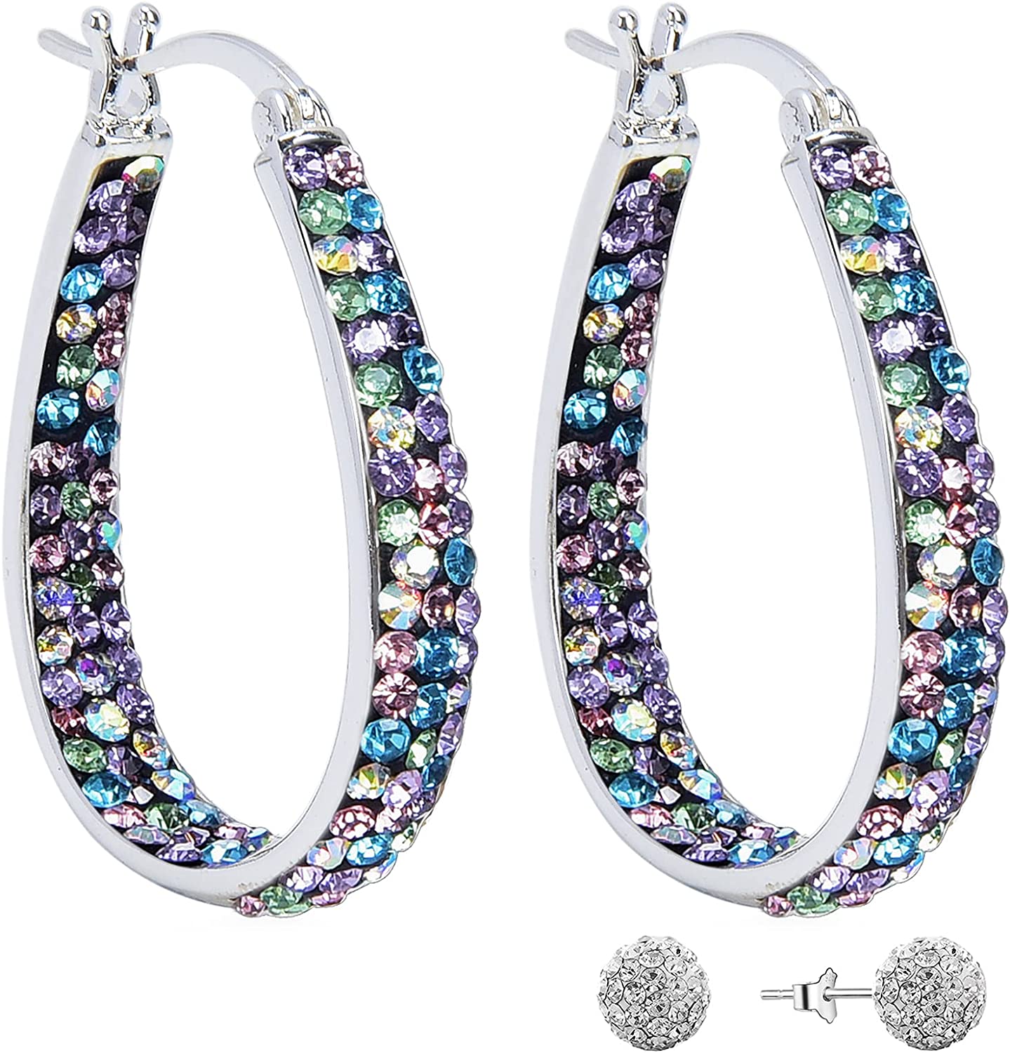 Crystal Hoop Earrings For Women Sparkly Earring Bright Silver Plated Oval Inside Out Earring Jewelry Gift