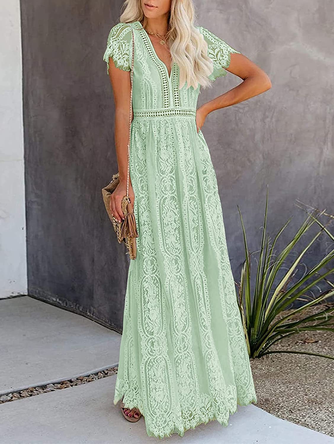 Women's V Neck Short Sleeve Floral Lace Wedding Dress Bridesmaid Cocktail Party Maxi Dress