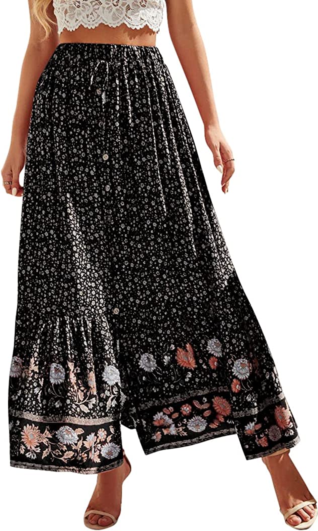 Women's Boho Maxi Skirts Elastic Waist A Line Flowy Tiered Button Split Floral Skirt